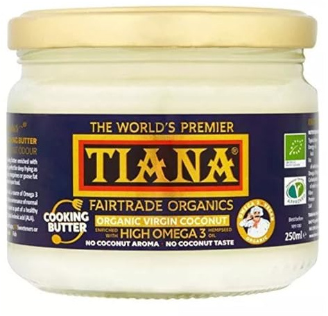 Omega-3 Virgin Coconut Cooking Butter 250ml (Pack of 4) – Organic, Cold Pressed & Odourless – Vegan Coconut Oil with Hempseed Omega-3 – Dairy-Free Butter Alternative – Fairtrade – TIANA