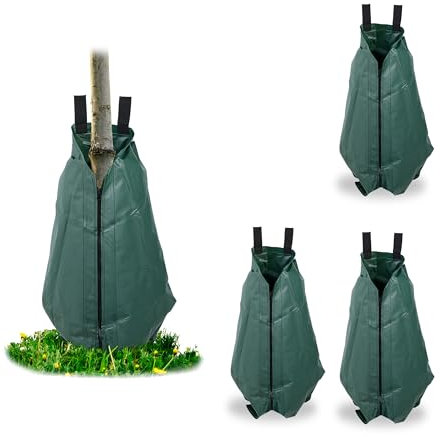 Relaxdays Bewässerungssack für Bäume, 4er Set, 75 l, Tröpfchenbewässerung bis 8 Std, UV-resistenter Gießsack, dunkelgrün