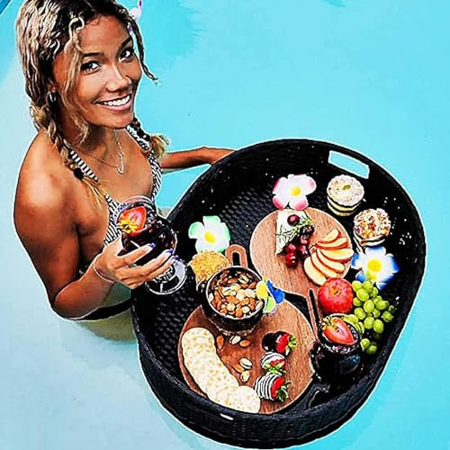 PixCy Handgemachte Rattan Tablett mit Griff schwimmender Tablettkorb Oval gewebte Obstkorb wasserdicht Mehrzweck Rattan Serviertablett für Brot Snack Frühstück,Black-100 * 50