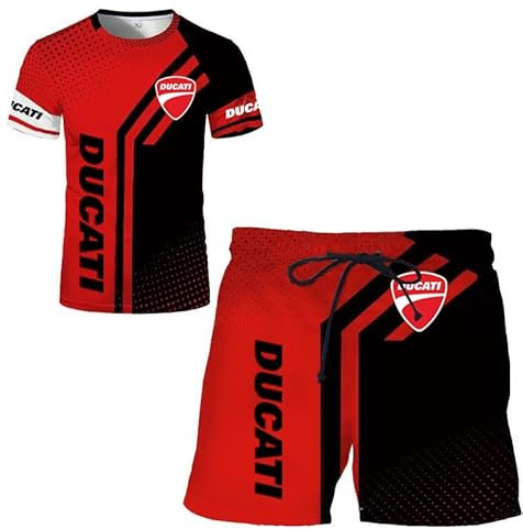 GIOPSQ Herren-T-Shirt-Shorts-Trainingsanzug-Set Du-Cati 3D-Druck Zweiteiliges Set Kurzarm-T-Shirt-Hosen-Trainingsanzug sports/E/4XL