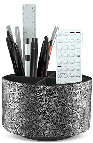 Czzmy Rund Stiftehalter,Leder,360° drehbar,Fernbedienungshalter, drehbarer Nachttisch, TV-Fernbedienung, Schreibtisch-Organizer für Stifte, Bürobedarf, Aufbewahrungsbox(1-Schnitzgrau)