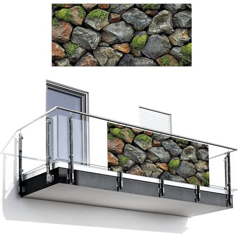 MuchoWow© Balkon Sichtschutz Einseitig 90x200 cm Groß PVC Kunststoff Garten Windschutz ohne Bohren Wetterfest Sichtschutzzaun Terrasse Balkonverkleidung Deko Steine - Steinoptik - Grau - Grün