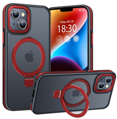 BENTIACC Handyhülle iPhone 14 Hülle, iPhone 13 Hülle, mit Unsichtbarer Ständer, mit Mag-Safe, Militärschutz, [Transluzente Matte] Anti-Fingerabdruck hülle iPhone 14//iPhone 13 6,1 Zoll (Rot)