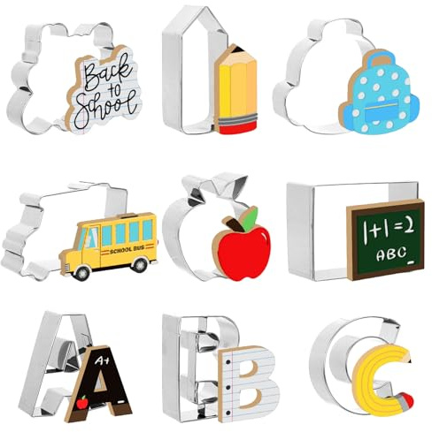 JarThenaAMCS Ausstechformen für den Schulanfang, Apfel-Bleistift, Schulbus, Alphabet, ABC-Form, Keksausstecher für Partys, Bastelarbeiten, Backzubehör, 9 Stück