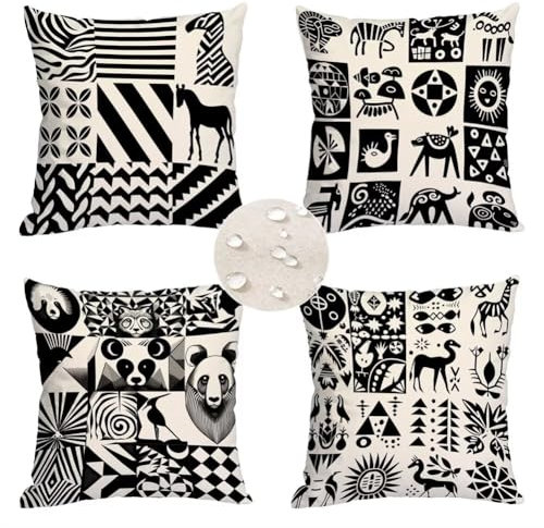 Outdoor Kissen Wetterfest Kissenbezug 50 x 50 4er Set Outdoor Wasserdichte Leinen Kissenbezug Schwarz und Weiß Kopfkissenbezug Geschenke für Frauen Outdoor Kissenbezüge Tier Gartendeko für Outdoor J-6