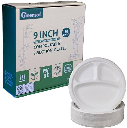 Greensoil 9 Inch Compostable Plate, 3-Section Divided, 50 Pack Thick Paper Plates, Sturdy & Durable, Microwave & Freezer Safe, Biodegradable Sugarcane & Bamboo Material, BPI certified