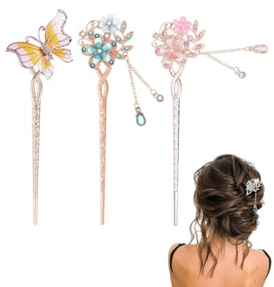 KGDUYC 3 Pcs Baguette Cheveux Vintage, pique cheveux,Épingle à Cheveux Chinoise, Bâtonnets de Cheveux Métal, Baguette Chinoise Cheveux, Baguette Cheveux Chignon, pour Femme Fille Coiffure