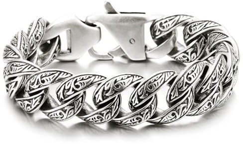 COOLSTEELANDBEYOND Herren Edelstahl Vintage Schick Panzerkette Armband mit Tribal Tätowierung Muster, Antiquität Alte Silberne Farbe