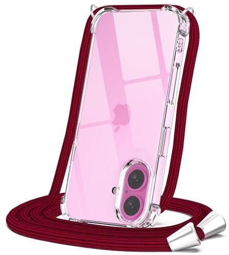 CAROKI Crossbody Case for iPhone 16,Necklace Mobile Phone Cover with Cord Strap Clear Transparent TPU Soft iPhone 16 Cover Holder with Neck Cord Lanyard Strap-Red
