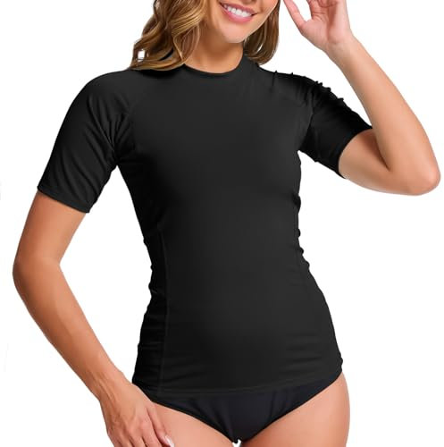 MEETWEE Women's Surf Rash Guard Sun Protection Swimsuit UV Protection Shirt UPF 50+ Short-Sleeve Swim Top Quick-Drying Swimming Sun Protection Shirt for Water Sports Black