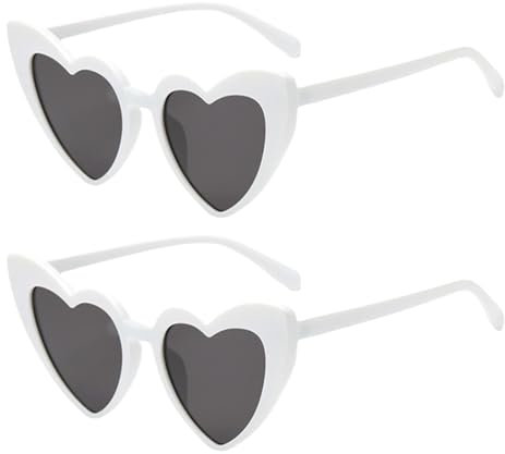 WLVinson 2 Stück Herz Sonnenbrille,Vintage Herzchen Brille für Damen und Herren,UV400 Schutz,Schwarz und Weiß Herzsonnenbrille,Sonnenbrille Herzform für Party,Hochzeit,Retro Herzen Brille (2 Weiß)