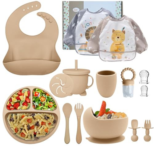 vajilla bebe,Cubiertos Bebe,Juego de 15 Piezas,Platos Bebe con Ventosa,Baby Led Weaning,Cubiertos Infantiles,Cuchara Bebe,Babero Silicona Bebe,Plato de Silicón Antideslizante Sin BPA