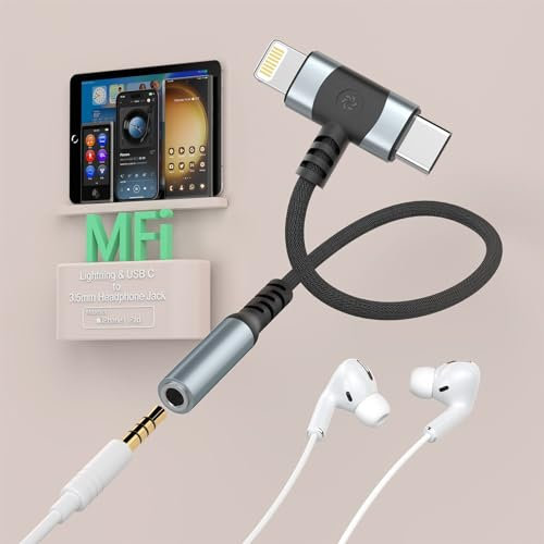 Lightning + USB C to 3.5mm Headphone Jack Adapter,[MFi Certified]2 in 1 Headphone Audio Adapter,iPhone Aux Adapter,USB C to 3.5mm Jack Audio Adapter for iPhone 16/15/14/iPad/Samsung Galaxy,Silver
