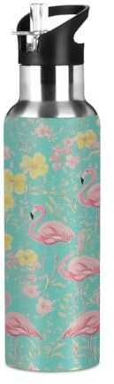 Mexpekil Flamingo Yellow Flowers 600ml Insulated Water Bottle with Straw Lid Stainless Steel Thermos Bottle Vacuum Flask Leakproof Travel Sports Water Bottles for Running Cycling Hiking