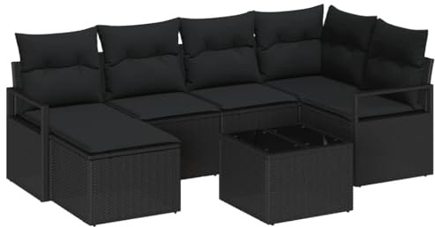 vidaXL 7-teiliges Gartensofa-Set in Schwarz aus Poly Rattan mit Kissen. Modular, verstellbare Füße, ideal für draußen. Perfekt für Terrassen und Balkone. Die perfekten Möbel für Sitzgruppen.