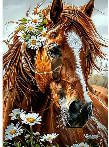 CEOVR Diamond Painting Adulte,Chevaux Peinture Diamant Adulte,5D DIY Diamond Art Kit 30x40cm,Marguerites et Chevaux