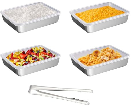 4 Pezzi Contenitori in Acciaio Inox con Coperchio,25*20*5cm vaschette in acciaio inox panier,Teglia Forno Rettangolare Acciaio Inox,Con clip per alimenti, adatto per pesce, carne, verdure, pane, ecc.