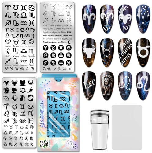 PH PandaHall 3pcs 12 Zodiac Nail Stamping Plates Constellation Nail Art Templates Zodiac Sign Text Nails Design Stamp Celestial Pattern Nails Art Stencils for DIY Women Manicures Salon Printing