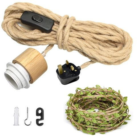 ZRLXFM 5.1m Hemp Rope Plug in Pendant Light, E27 Lamp Holder Hanging Kit with Switch, Vintage Ceiling Fitting with 5m Green Decorative Rope, for DIY Lampshade, for Farmhouse Lighting Decor