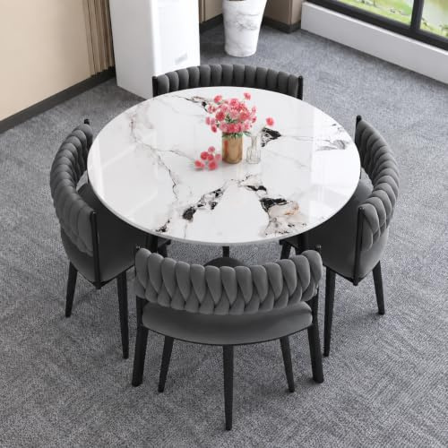 AMZSEW Kitchen Dining Table and Chairs Set 4 - Modern Breakfast Bar Table and Chair- Dining Room Sets Back Faux Leather Chair for Small Spaces Coffee Kitchen Meeting Table (WHITE-2)
