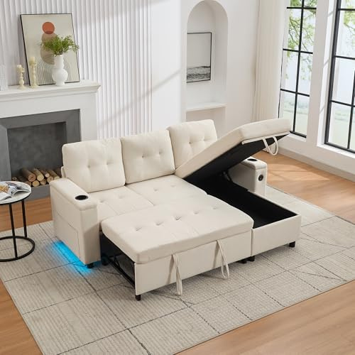 Arhatreya 3 Sitzer L-förmiges Sofa Klappsofa Ecksofa Modern Couch, 3er Sitzsofa mit LED-Lichtleiste und Stauraum, Schlafsofa für Wohnzimmer, Büro, Beige