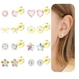 Ohrringe Mädchen Gold Silber Hypoallergene Ohrstecker für Kinder Baby Damen | 8 Parr Medizinische Edelstahl Flatback Schraubverschluss Ohrstecker Süße Kleine Zirkon Herz Blume Stern Ohrringe Schmuck Set