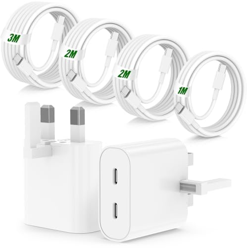 45W USB C Fast Charger for iPhone 17 16 15 Pro Max,2 Pack Dual Ports USBC Plug UK Wall and Cables 1/2/2/3M for iPhone 17E/17 air/17 16 15 Pro/16 15 Plus,Type C Adapter for iPad/Samsung S26/S25