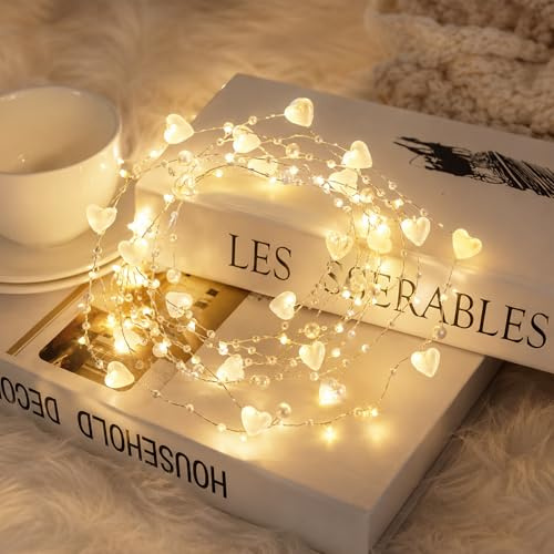 ZingBox Herz Perlen Lichterkette, 2M 20 LED Perlengirlande Lichterkette | Batteriebetrieben, Warmweiß Perlenlichterkette für Hochzeit, Valentinstag, Weihnachten, Jga Accessoires, Party Deko