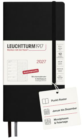 LEUCHTTURM1917 Wochenkalender 2027 Dotted Wallet (B6+ x A6) mit Notizbuch - Terminplaner Deutsch, Schwarz, Januar-Dezember 2027, Wochenübersicht links + Notizseite rechts
