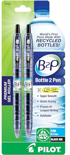 PILOT B2P - Bottle to Pen Refillable & Retractable Rolling Ball Gel Pen Made From Recycled Bottles, Fine Point, Black G2 Ink, 2-Pack (31605)