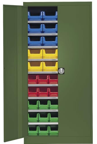 Mauser | Magazinschrank | einfarbig | mit 50 Sichtlagerkästen | 9 Fachböden | grün