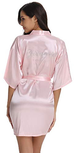 Vlazom Peignoir Satin Femme Robes de Chambre et Kimonos de Mariée Robes de Chambre Soie Court Kimono Col V avec Ceinture,Rose For Bridesmaid (de Retour Dans les Strass),XL
