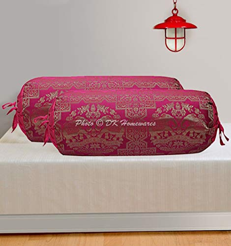 DK Homewares Traditionell Festival Dekor Jacquard Brokat Tischdecken Polydupionseide 30 x 15 Elefant Blumen Zylinderkissenbezüge (Rosa ; 76 x 38 cm) -Satz Von 2 Stck