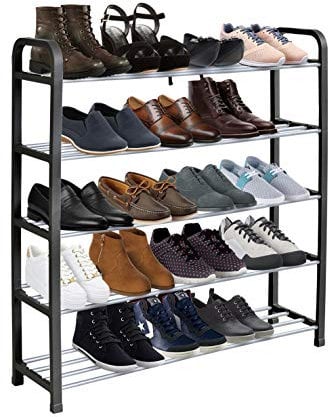 KEPLIN 5 Tier Shoe Slots Rack - Space Saving Shoe Storage Organiser with Quick, Tool-Free Assembly - Shoe Slots Holds 15-20 Pairs - Dimensions (L) 75.5cm x (W) 18.5cm x (H) 75.5cm - Black