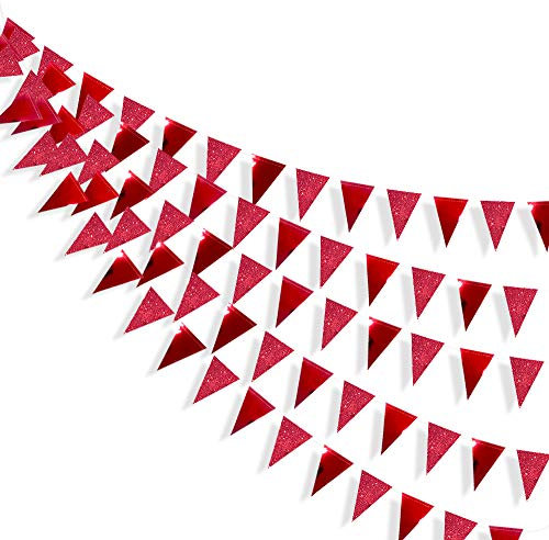 Pink Blume 30 Ft dreieckige rote Flaggen Banner doppelseitig metallisches Papier Wimpelkette für Hochzeit Baby Bridal Shower Geburtstag Junggesellinnenabschied Jahrestag Partyzubehör