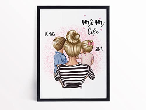 Tachinedas Kreativshop Personalisiertes Poster Mama mit Kind A3 Poster Kunstdruck Wallart Mutter Tochter Mami Sohn Muttertag Geschenk Druck (ungerahmt)