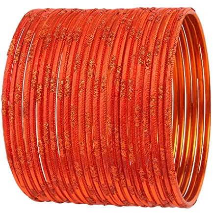 NEU! Touchstone, indischer Bollywood-Modetrendsetter, wunderschön gravierte Arbeit, funkelnder Strass, orangefarbener Designerschmuck, bezaubernde Armreifen. 24er-Set. Für Frauen.