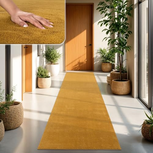 TT Home Teppich Wohnzimmer Gelb 80x300 cm, Waschbar & Kurzflor | Moderner Flauschiger Teppich, Pflegeleicht & Rutschfest, Ideal Für Wohnzimmer, Schlafzimmer, Kinderzimmer & Flur