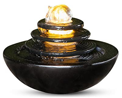 Tabletop Fountain Indoor Tabletop Water Fountain Zen Cascading Feng Shui Waterfall Home Decor Table Centerpiece Relaxation Fountain 3-layer Disc and Circular Basin with LED Lights Rolling Ball 7.8 Inc