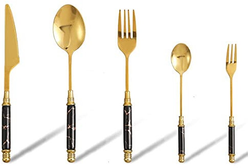 5-piece kitchen silver cutlery set with 410 stainless steel ceramic handle, marble texture, unique handle design, including knife/fork/spoon (white handle) (marble, white, gold, green, pink, black)