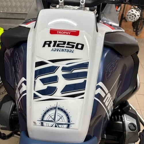 Adesivo 3D Protezione Serbatoio Tank Pad compatibile con/sostitutivo per BMW Motorrad R 1250 GS ADVETURE Trophy dal 2022 al 2023 (Bianco-Blu)