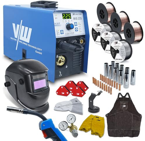 Soldador MIG MAG 225A - SET 54 piezas - Soldadora de hilo tubular - Soldadora con protección de gas de 225 Amp y función de soldadura por electrodo - Alimentación automática de hilo - VECTOR WELDING