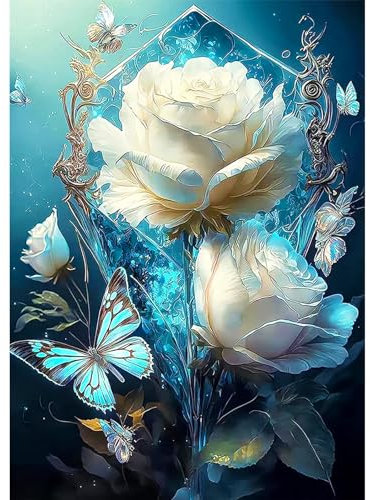 AIRDEA DIY 5D Weiße Rosen Schmetterling Diamant Malerei, Full Round Drill Diamond Painting Set, Full Runden Steine Diamanten Stickerei Strass Erwachsene Malen nach Zahlen Perlen Bilder 30x40cm