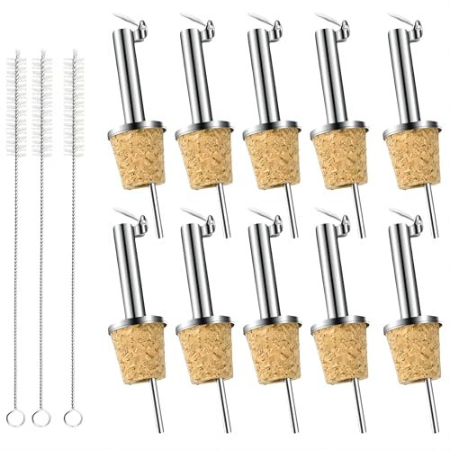10 Cork Bottle Pourers with 3 Straw Brushes, Stainless Steel Wine Speed Pourers with Dust Cap, Olive Oil Bottle Drizzler Spouts, Liqueur Spirits Dispensers, Bottle Stoppers for Pouring Syrup/Vinegar