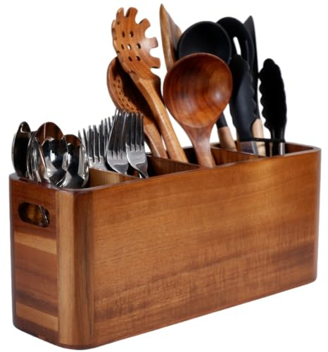 Wooden Kitchen Utensil Holder Organizer for Counter or Countertop, Large Wooden Utensil Holder for Storage Cooking and Silverware with 4 Compartment, Acacia Rustic Wood Container Extra Large