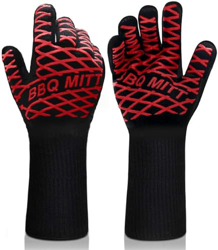 BBQ Handschuhe, Anti-Verbrühungs-Hochtemperaturbeständigkeit Feuerfeste Handschuhe Grillen Grill, Schnittfeste Grillhandschuhe, Küche Sichere Kochhandschuhe, 15 inch Lange Handschuhe (Rot)