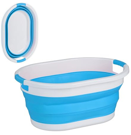Relaxdays Wäschekorb faltbar, 24 l, Wäschewanne aus Kunststoff, platzsparend zusammenklappbar, mit Griffen, blau/weiß