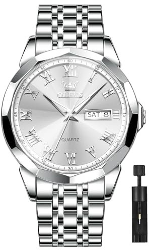 OLEVS Herrenuhr Silber Edelstahl Großes Uhren Herren Weißes Ziffernblatt Wasserdicht Armbanduhr Analog Herren Quarz Metallarmband Herrenarmbanduhr mit Datum Leuchtend