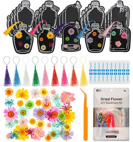 Trockenblumen-Lesezeichen zum Selbermachen – enthält gepresste Blumen, transparente Flaschenglasbögen, Quasten, Pinzette, Aufkleber – komplettes Kunst-Bastelset für einzigartige, personalisierte