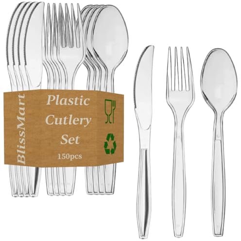 BlissMart 150 Pcs Heavy Duty Clear Plastic Cutlery Set Premium Quality Washable & Reusable 50 Spoons, 50 Forks, 50 Knives Set Perfect for for All Occasion Birthday Parties Weddings Camping